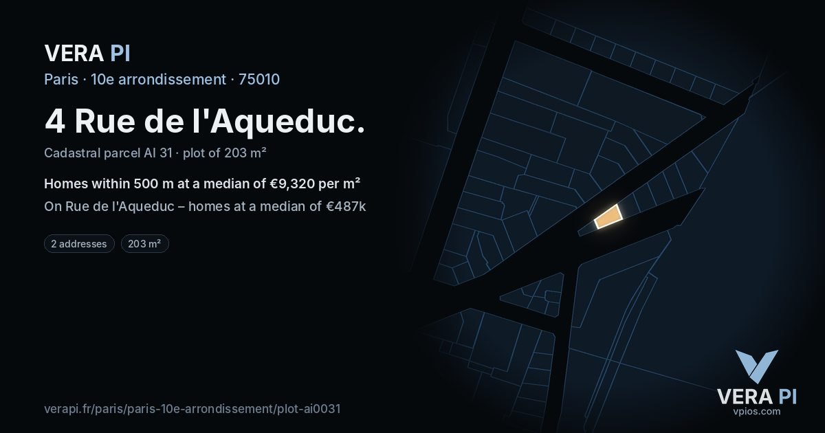 4 Rue de l'Aqueduc, 10e arrondissement at night – the plot lit, the parcels around coloured by the prices near them