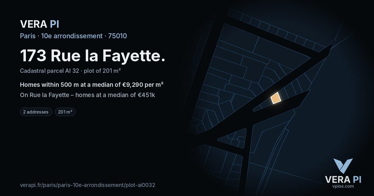 173 Rue la Fayette, 10e arrondissement at night – the plot lit, the parcels around coloured by the prices near them
