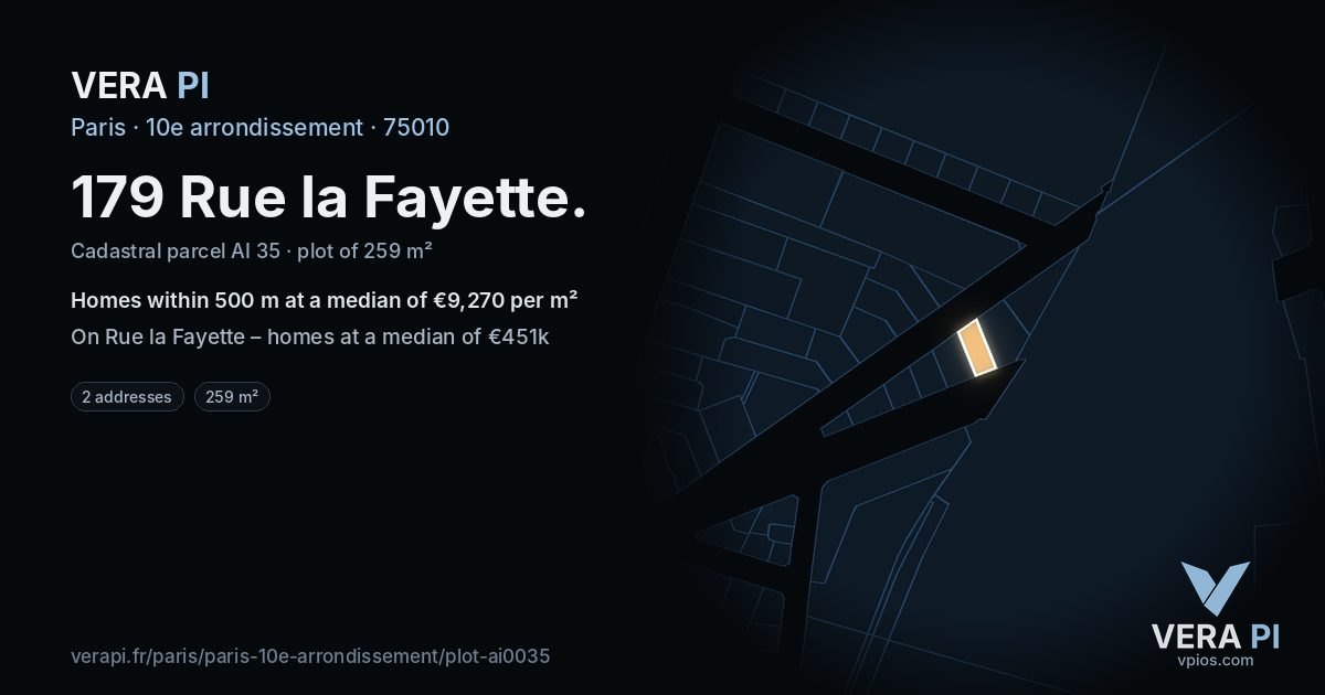 179 Rue la Fayette, 10e arrondissement at night – the plot lit, the parcels around coloured by the prices near them