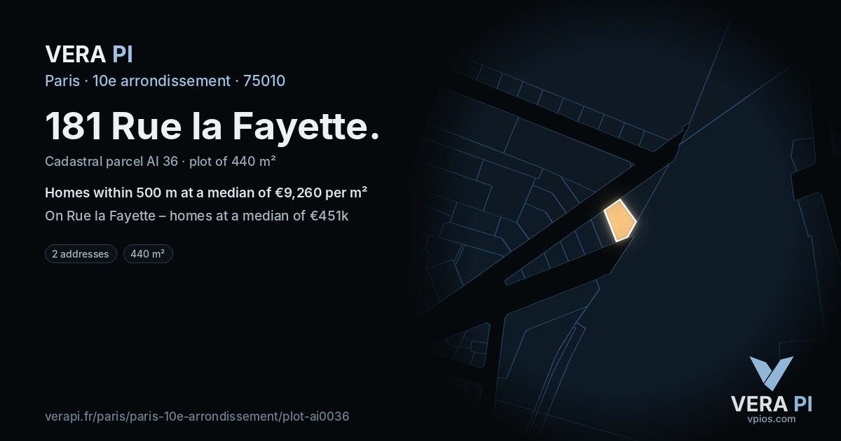 181 Rue la Fayette, 10e arrondissement at night – the plot lit, the parcels around coloured by the prices near them