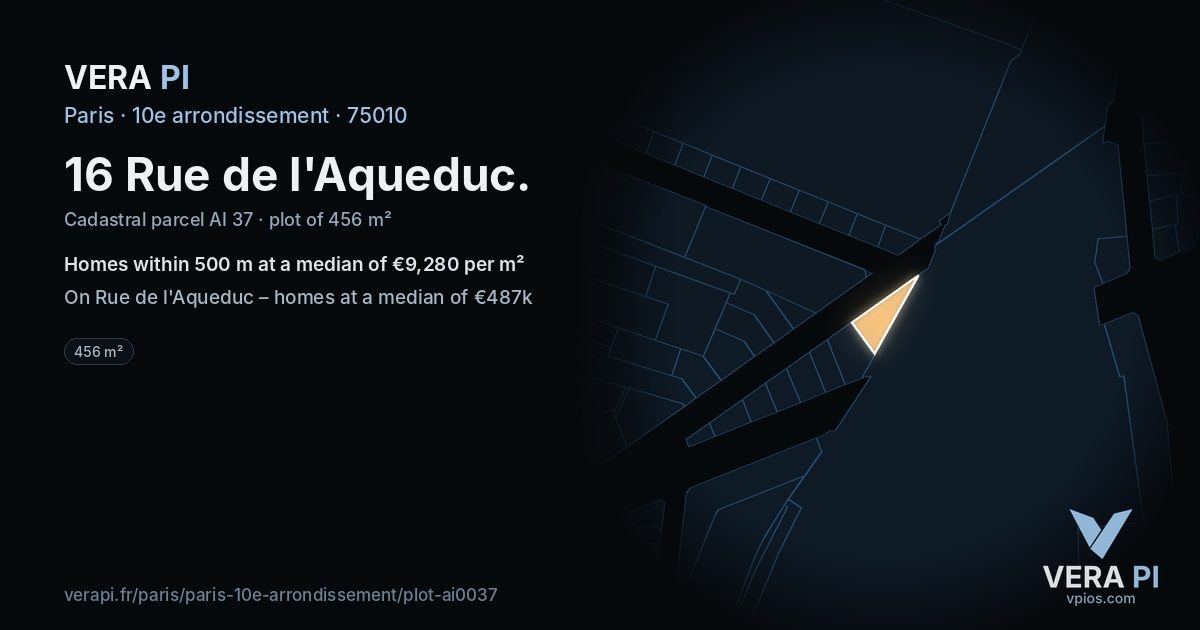 16 Rue de l'Aqueduc, 10e arrondissement at night – the plot lit, the parcels around coloured by the prices near them