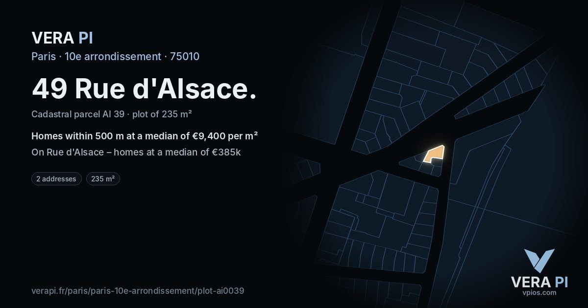 49 Rue d'Alsace, 10e arrondissement at night – the plot lit, the parcels around coloured by the prices near them