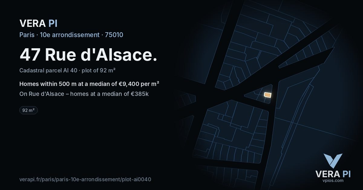 47 Rue d'Alsace, 10e arrondissement at night – the plot lit, the parcels around coloured by the prices near them