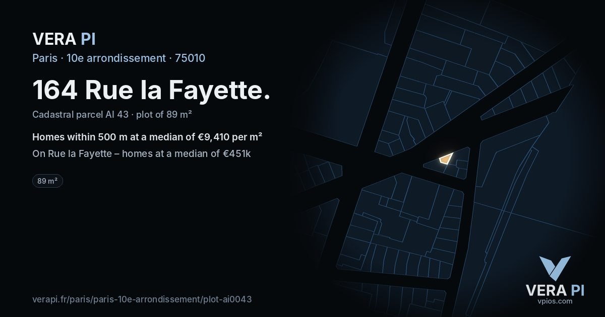 164 Rue la Fayette, 10e arrondissement at night – the plot lit, the parcels around coloured by the prices near them
