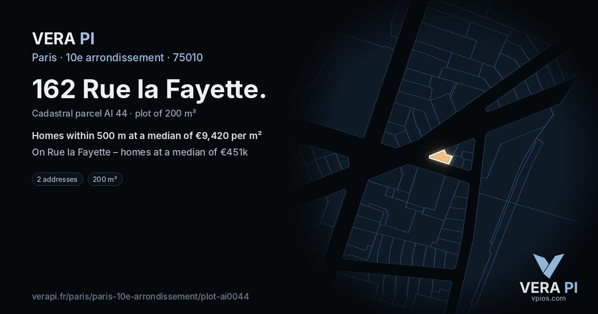 162 Rue la Fayette, 10e arrondissement at night – the plot lit, the parcels around coloured by the prices near them