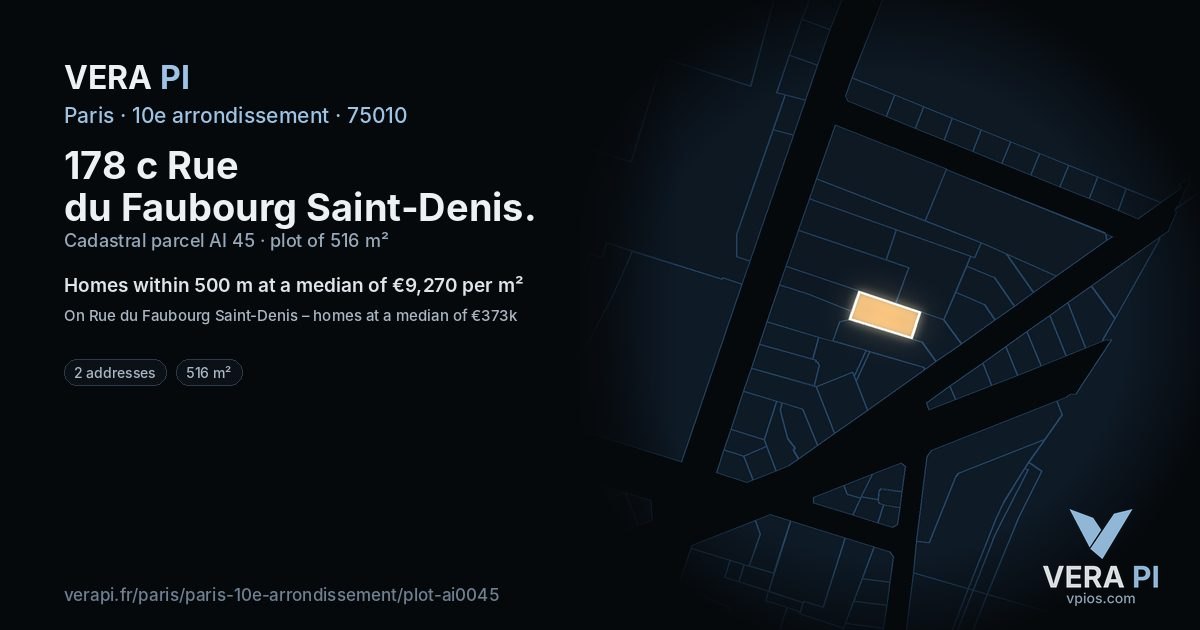 178 c Rue du Faubourg Saint-Denis, 10e arrondissement at night – the plot lit, the parcels around coloured by the prices near them
