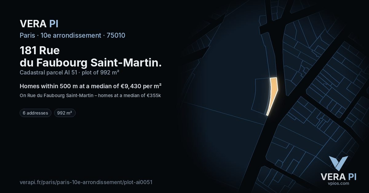 181 Rue du Faubourg Saint-Martin, 10e arrondissement at night – the plot lit, the parcels around coloured by the prices near them