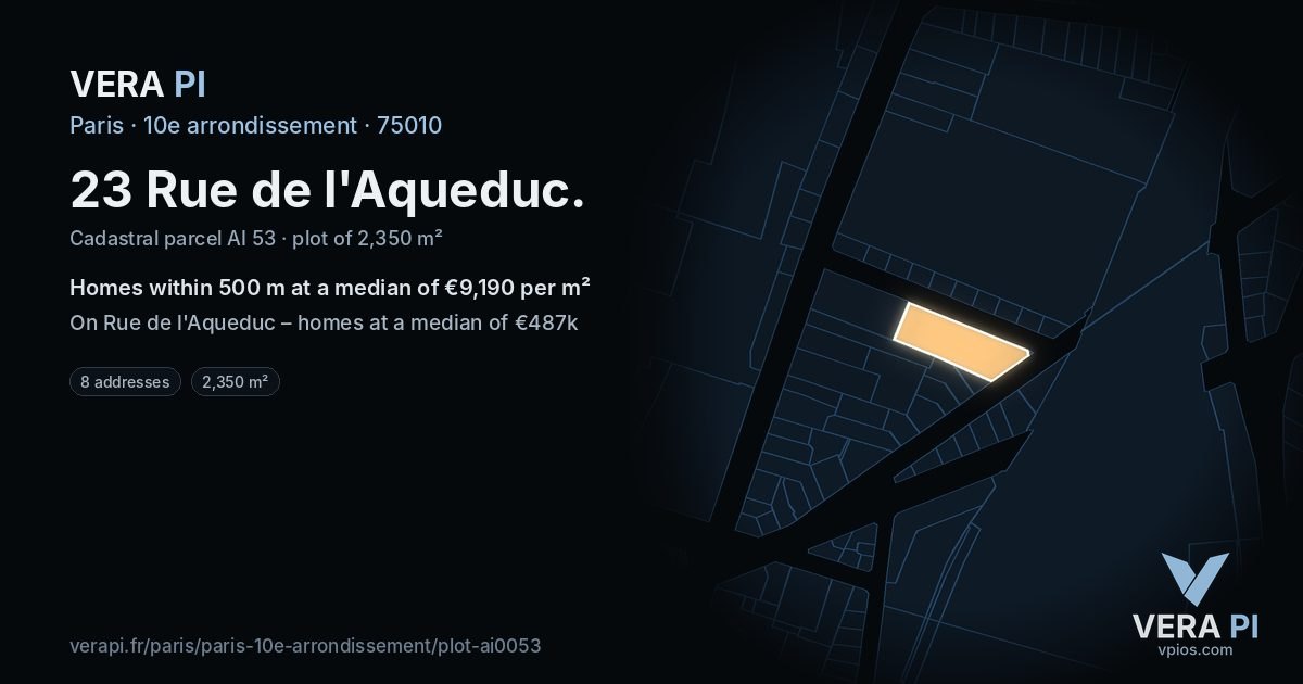 23 Rue de l'Aqueduc, 10e arrondissement at night – the plot lit, the parcels around coloured by the prices near them