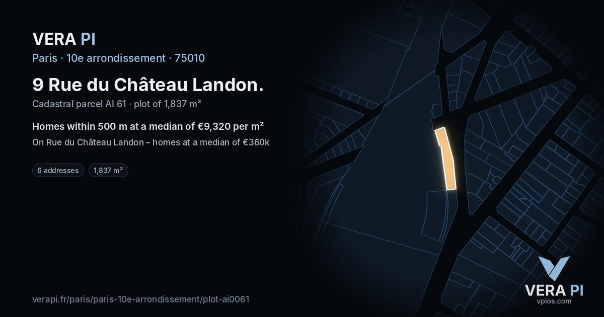 9 Rue du Château Landon, 10e arrondissement at night – the plot lit, the parcels around coloured by the prices near them