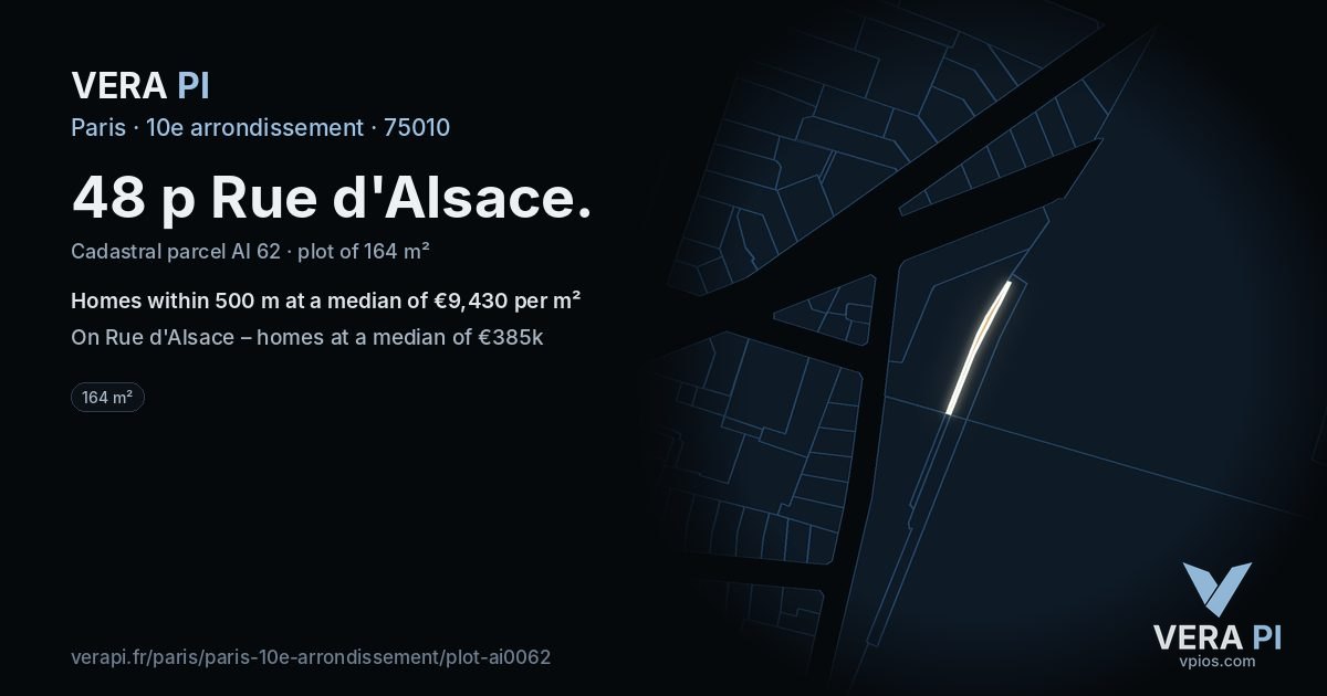 48 p Rue d'Alsace, 10e arrondissement at night – the plot lit, the parcels around coloured by the prices near them