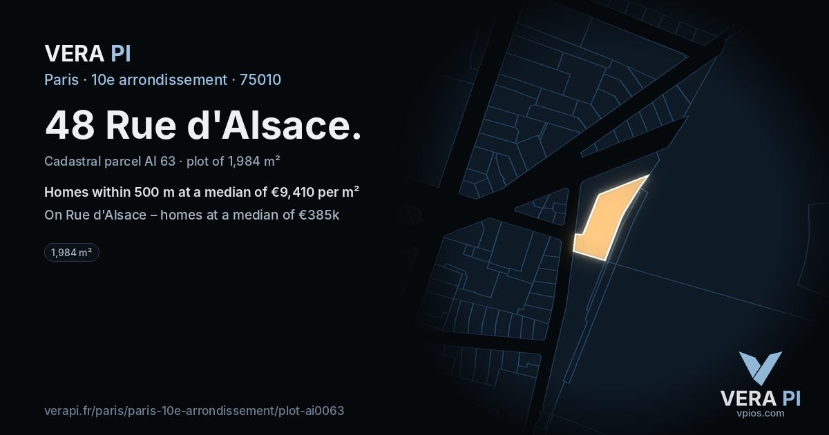 48 Rue d'Alsace, 10e arrondissement at night – the plot lit, the parcels around coloured by the prices near them