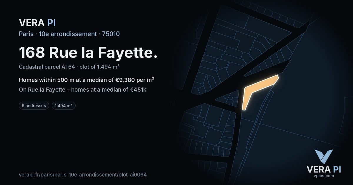 168 Rue la Fayette, 10e arrondissement at night – the plot lit, the parcels around coloured by the prices near them