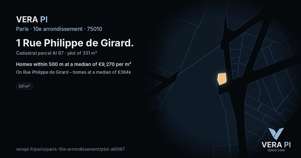 1 Rue Philippe de Girard, 10e arrondissement at night – the plot lit, the parcels around coloured by the prices near them