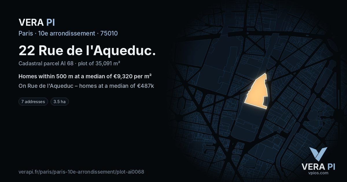 22 Rue de l'Aqueduc, 10e arrondissement at night – the plot lit, the parcels around coloured by the prices near them