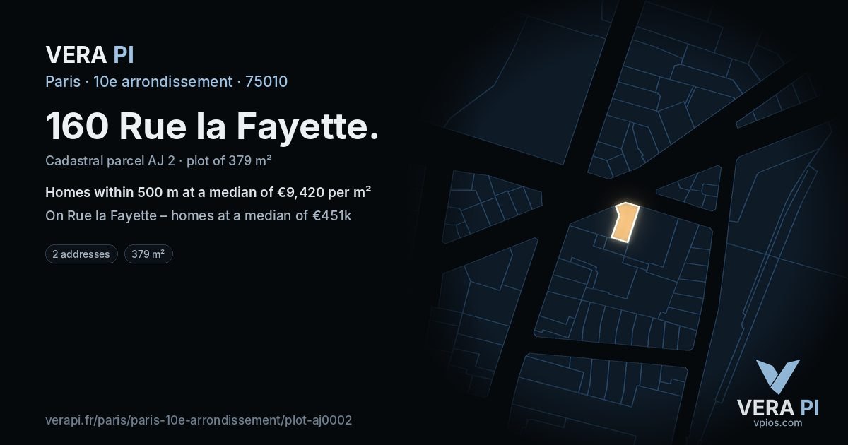 160 Rue la Fayette, 10e arrondissement at night – the plot lit, the parcels around coloured by the prices near them