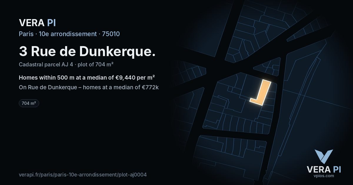 3 Rue de Dunkerque, 10e arrondissement at night – the plot lit, the parcels around coloured by the prices near them