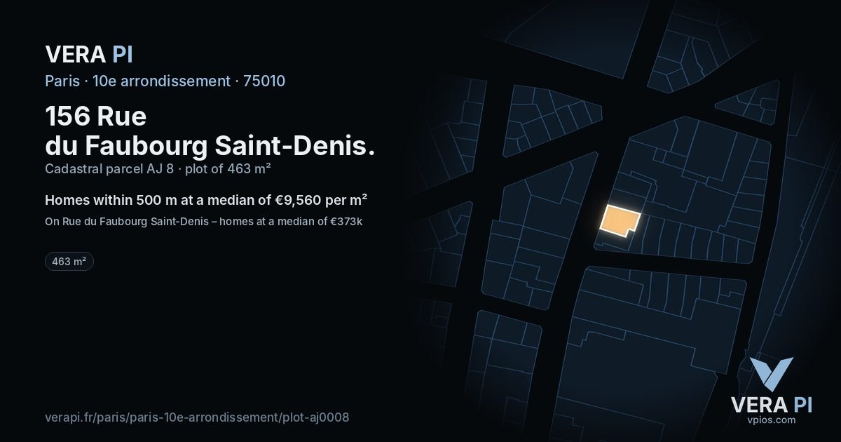 156 Rue du Faubourg Saint-Denis, 10e arrondissement at night – the plot lit, the parcels around coloured by the prices near them