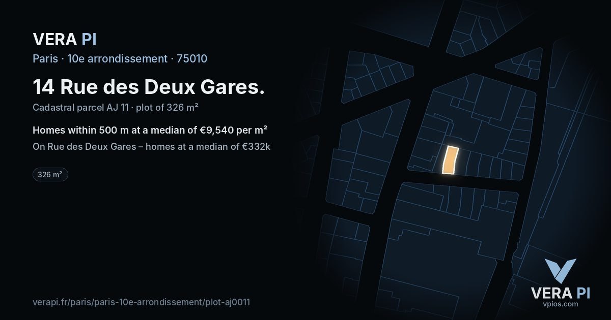 14 Rue des Deux Gares, 10e arrondissement at night – the plot lit, the parcels around coloured by the prices near them