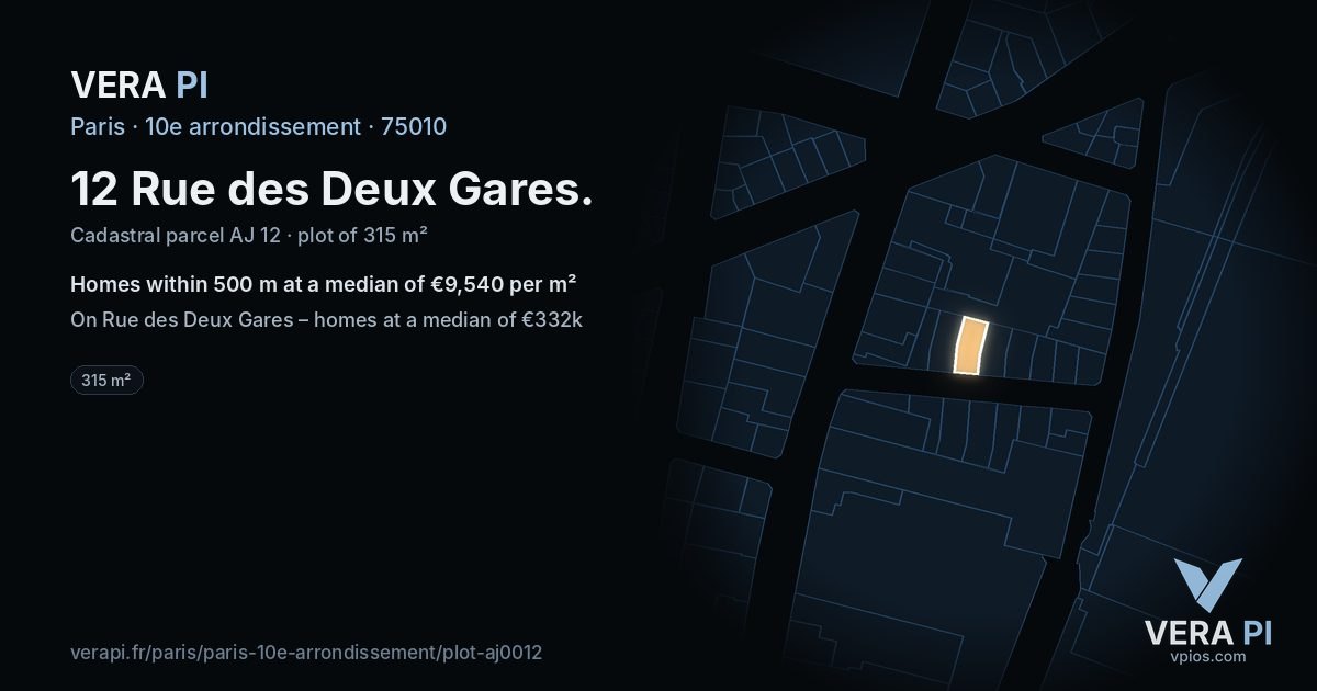 12 Rue des Deux Gares, 10e arrondissement at night – the plot lit, the parcels around coloured by the prices near them