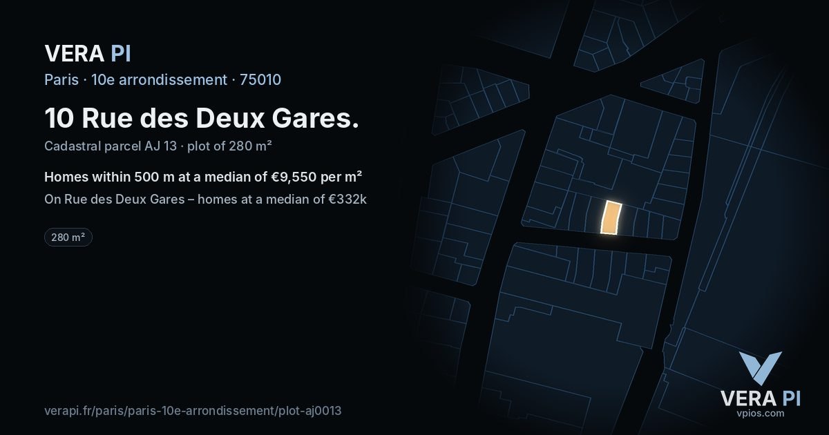 10 Rue des Deux Gares, 10e arrondissement at night – the plot lit, the parcels around coloured by the prices near them