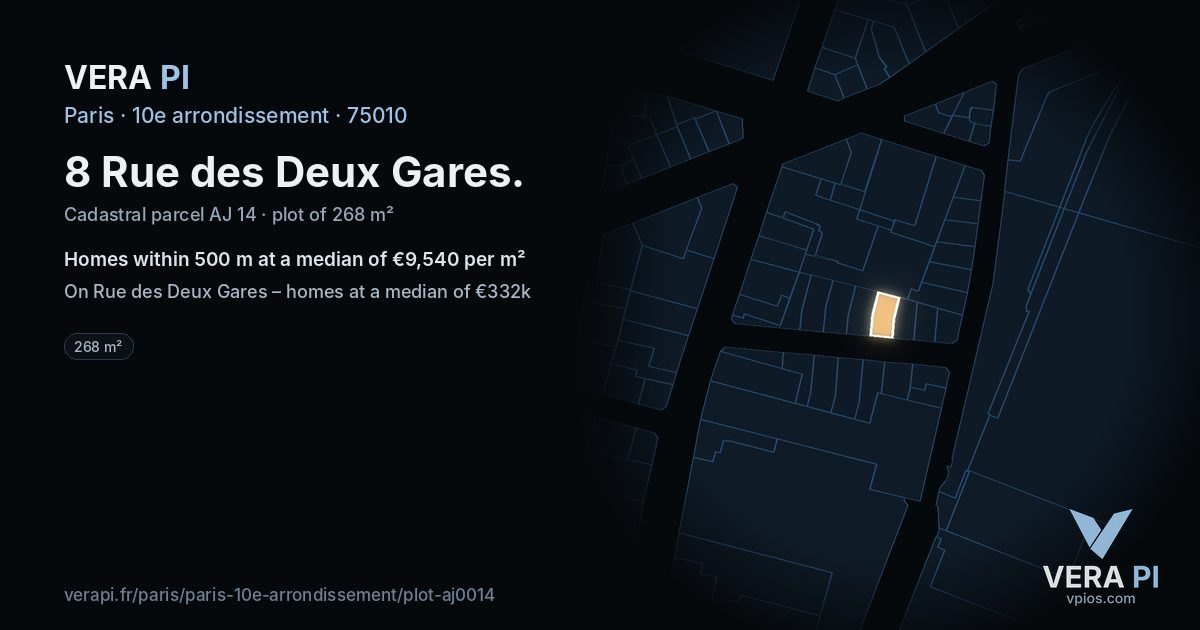 8 Rue des Deux Gares, 10e arrondissement at night – the plot lit, the parcels around coloured by the prices near them