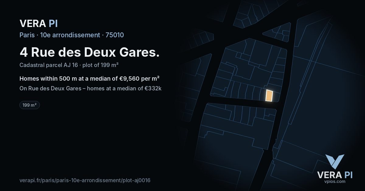 4 Rue des Deux Gares, 10e arrondissement at night – the plot lit, the parcels around coloured by the prices near them