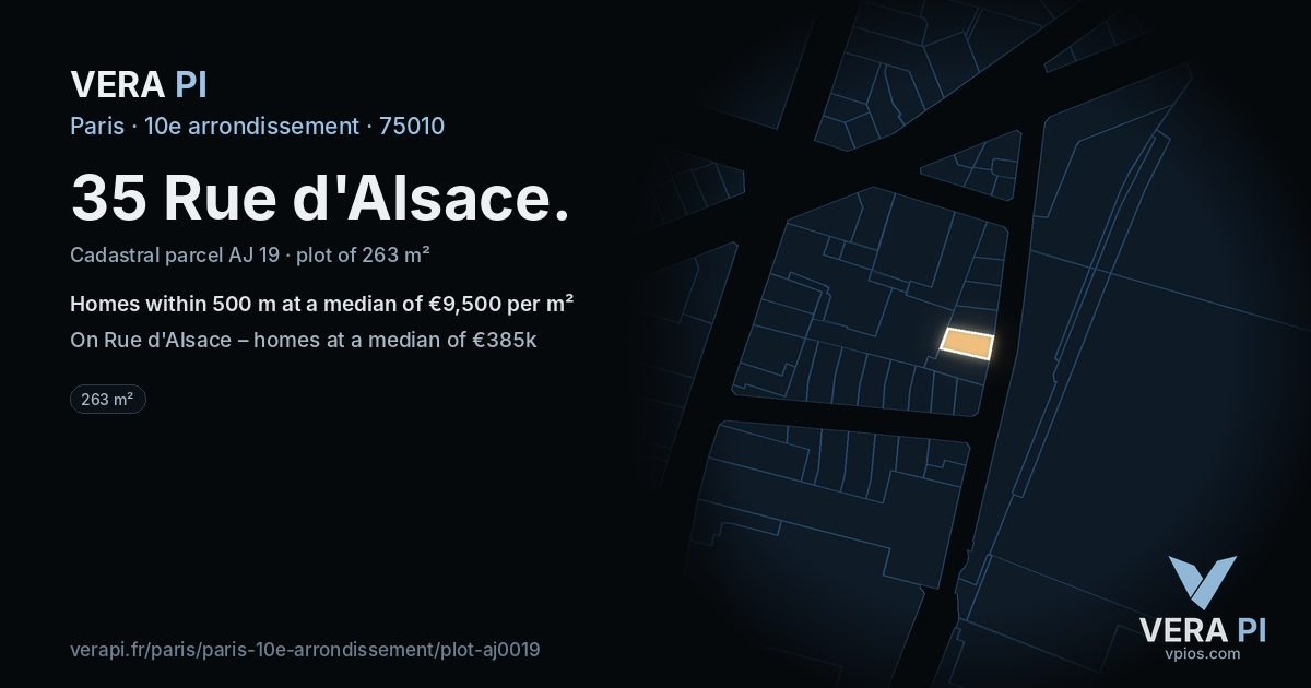 35 Rue d'Alsace, 10e arrondissement at night – the plot lit, the parcels around coloured by the prices near them