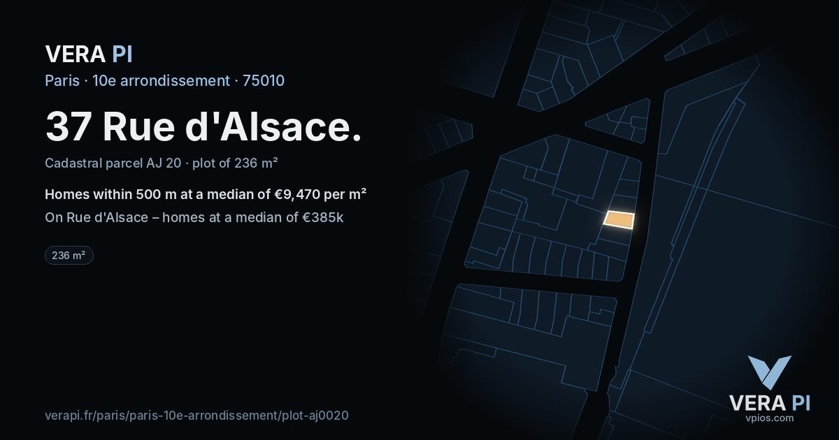 37 Rue d'Alsace, 10e arrondissement at night – the plot lit, the parcels around coloured by the prices near them