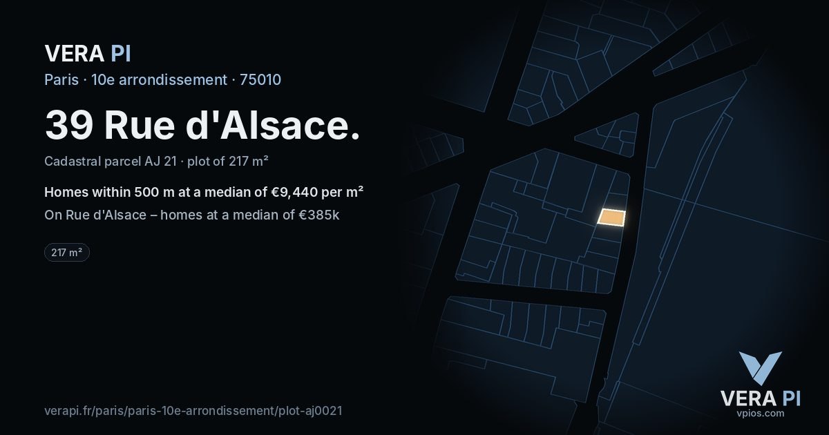 39 Rue d'Alsace, 10e arrondissement at night – the plot lit, the parcels around coloured by the prices near them