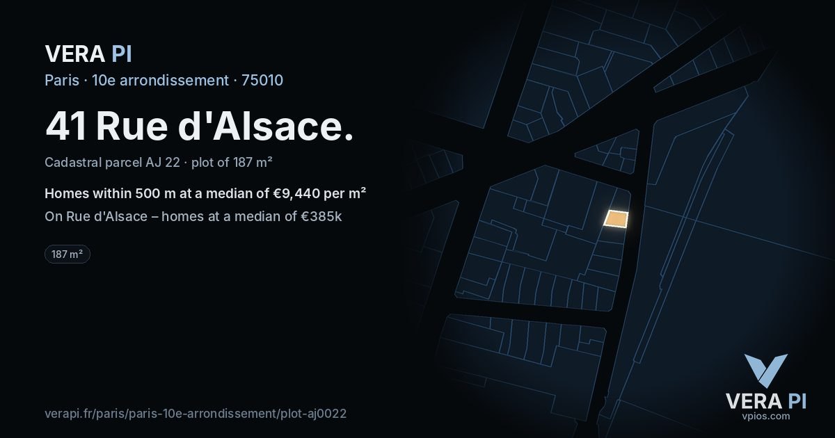 41 Rue d'Alsace, 10e arrondissement at night – the plot lit, the parcels around coloured by the prices near them