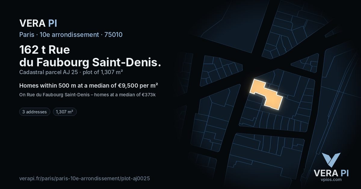 162 t Rue du Faubourg Saint-Denis, 10e arrondissement at night – the plot lit, the parcels around coloured by the prices near them