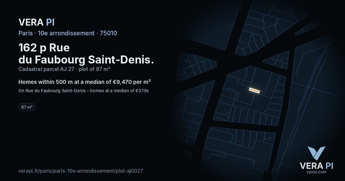 162 p Rue du Faubourg Saint-Denis, 10e arrondissement at night – the plot lit, the parcels around coloured by the prices near them