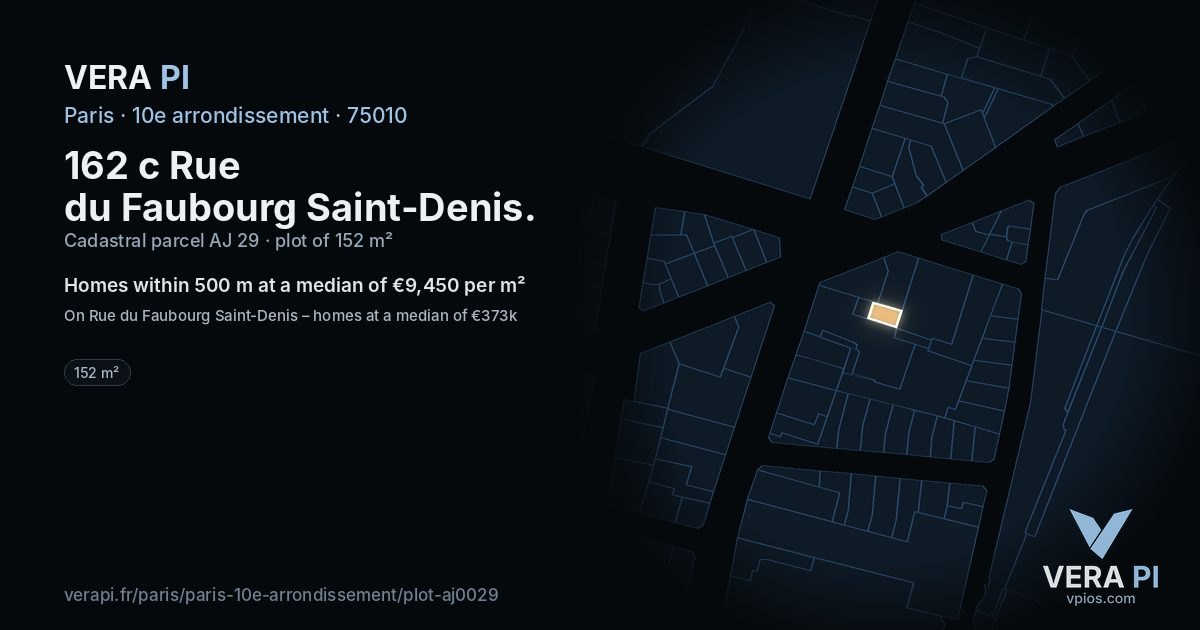 162 c Rue du Faubourg Saint-Denis, 10e arrondissement at night – the plot lit, the parcels around coloured by the prices near them