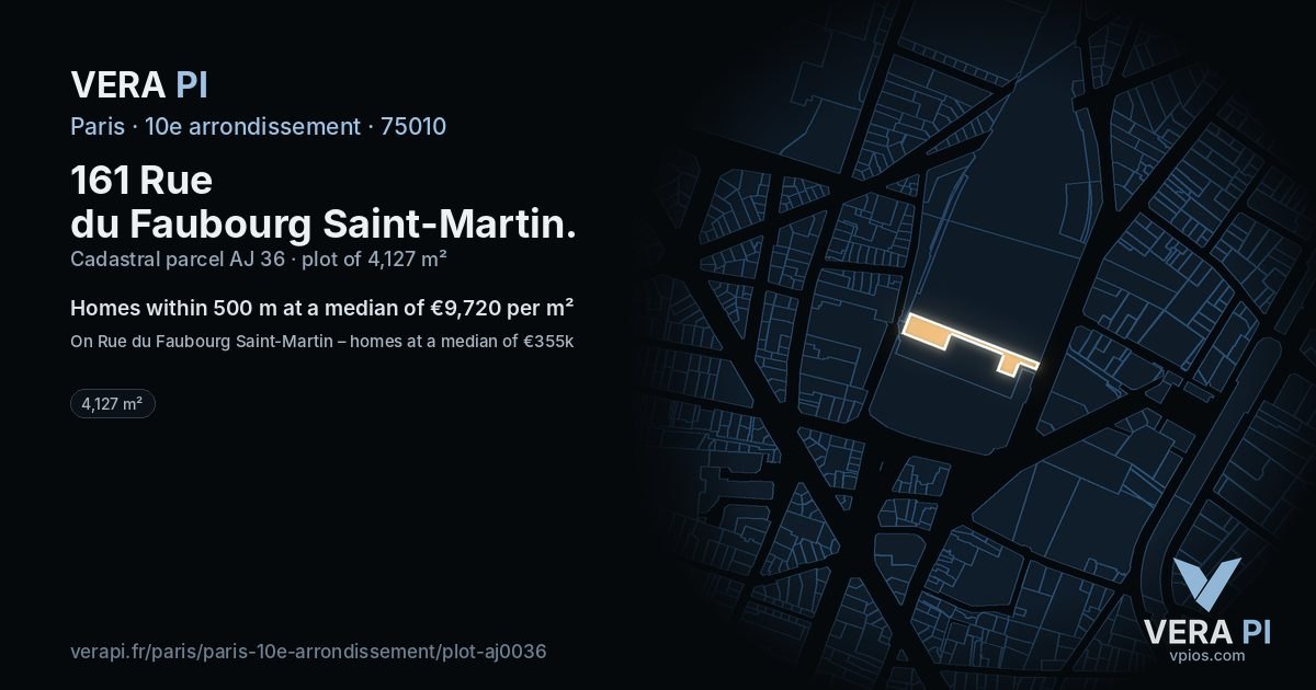 161 Rue du Faubourg Saint-Martin, 10e arrondissement at night – the plot lit, the parcels around coloured by the prices near them
