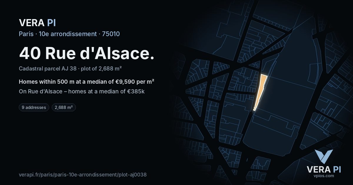40 Rue d'Alsace, 10e arrondissement at night – the plot lit, the parcels around coloured by the prices near them
