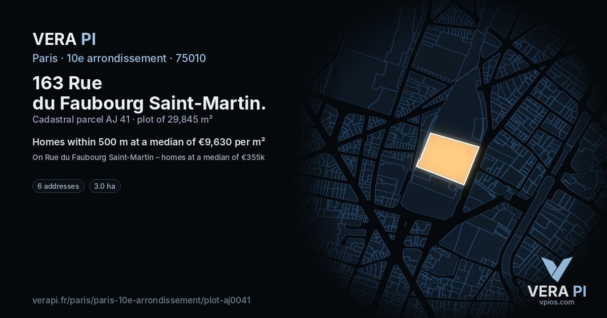 163 Rue du Faubourg Saint-Martin, 10e arrondissement at night – the plot lit, the parcels around coloured by the prices near them