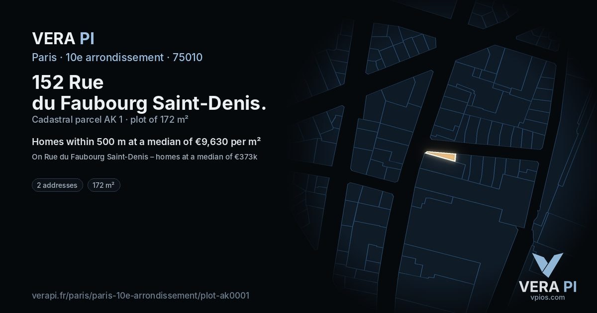 152 Rue du Faubourg Saint-Denis, 10e arrondissement at night – the plot lit, the parcels around coloured by the prices near them