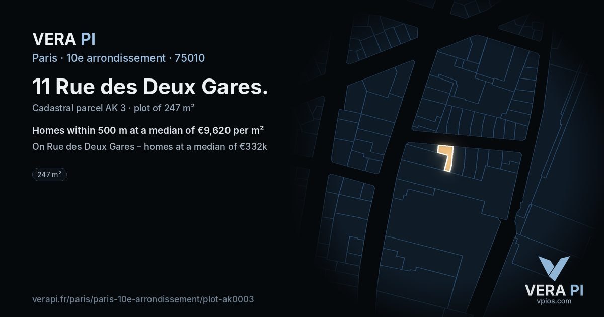 11 Rue des Deux Gares, 10e arrondissement at night – the plot lit, the parcels around coloured by the prices near them