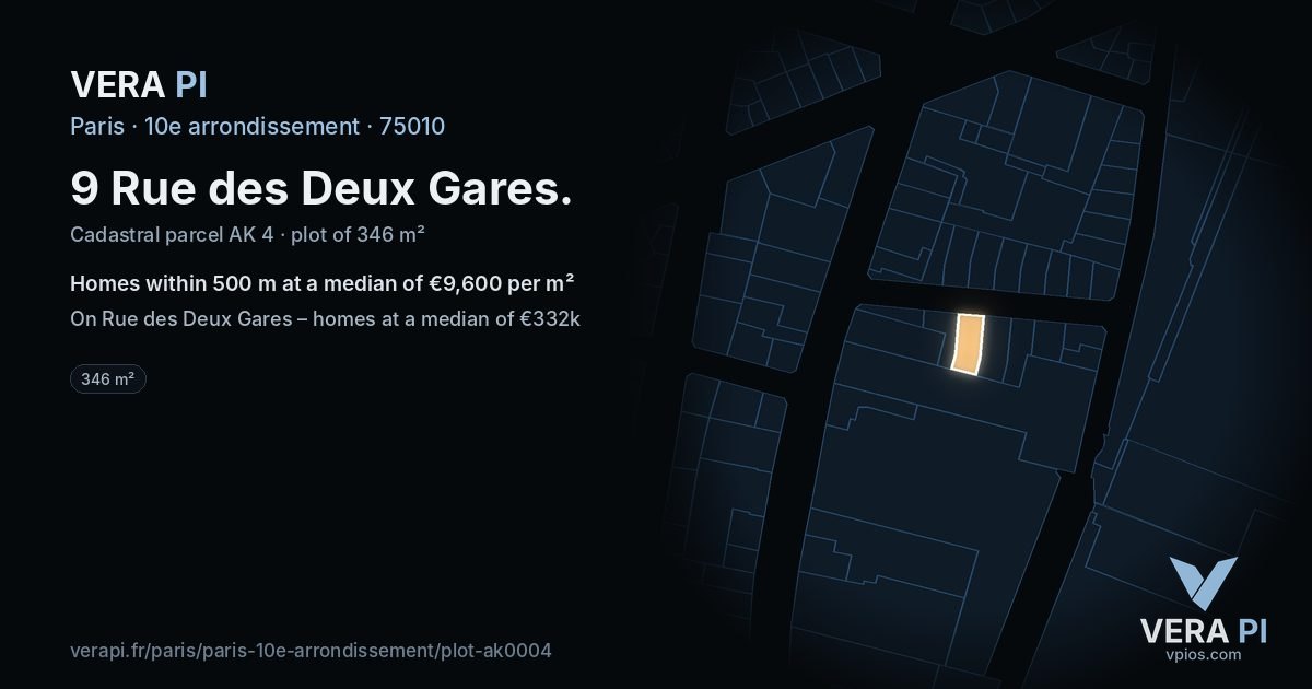 9 Rue des Deux Gares, 10e arrondissement at night – the plot lit, the parcels around coloured by the prices near them
