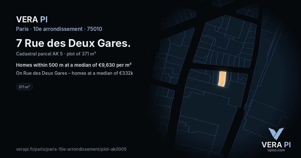 7 Rue des Deux Gares, 10e arrondissement at night – the plot lit, the parcels around coloured by the prices near them