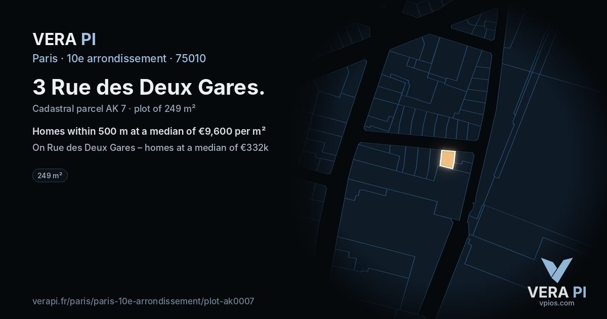 3 Rue des Deux Gares, 10e arrondissement at night – the plot lit, the parcels around coloured by the prices near them