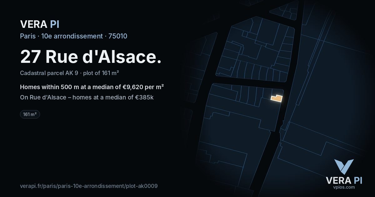 27 Rue d'Alsace, 10e arrondissement at night – the plot lit, the parcels around coloured by the prices near them