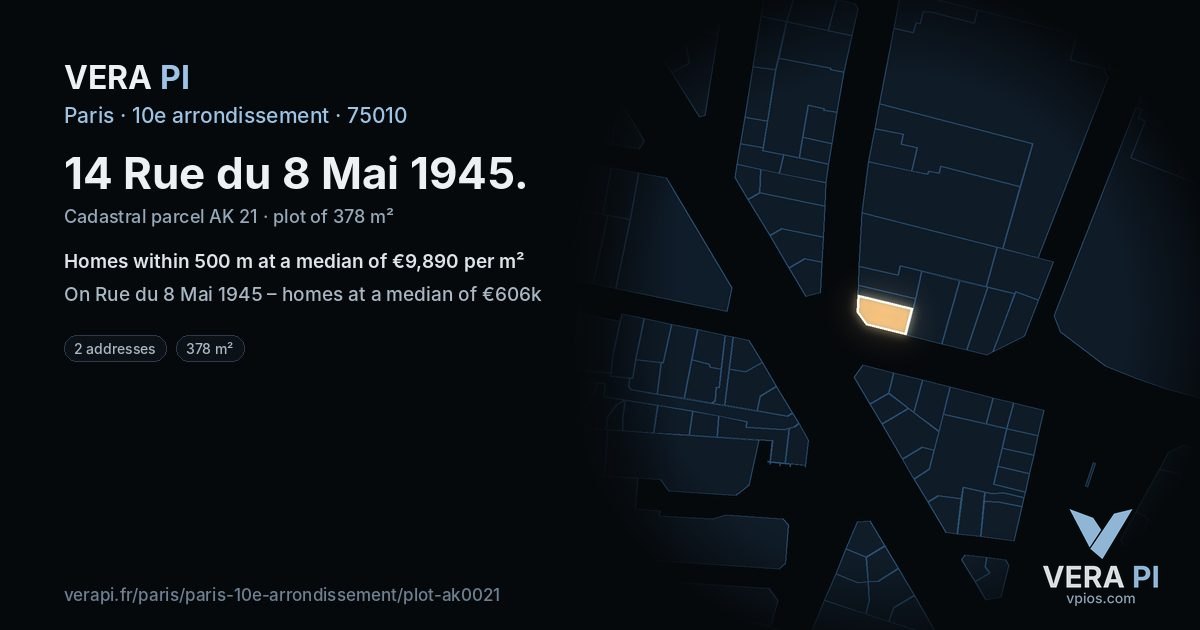 14 Rue du 8 Mai 1945, 10e arrondissement at night – the plot lit, the parcels around coloured by the prices near them