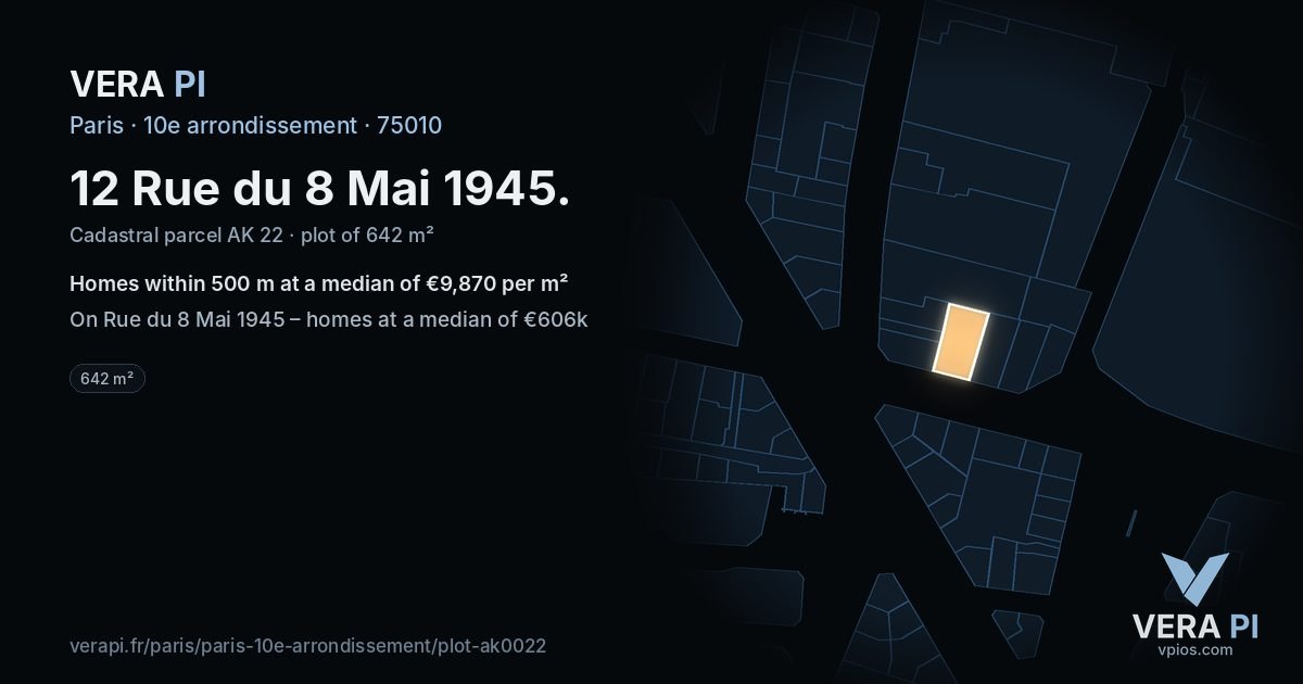 12 Rue du 8 Mai 1945, 10e arrondissement at night – the plot lit, the parcels around coloured by the prices near them
