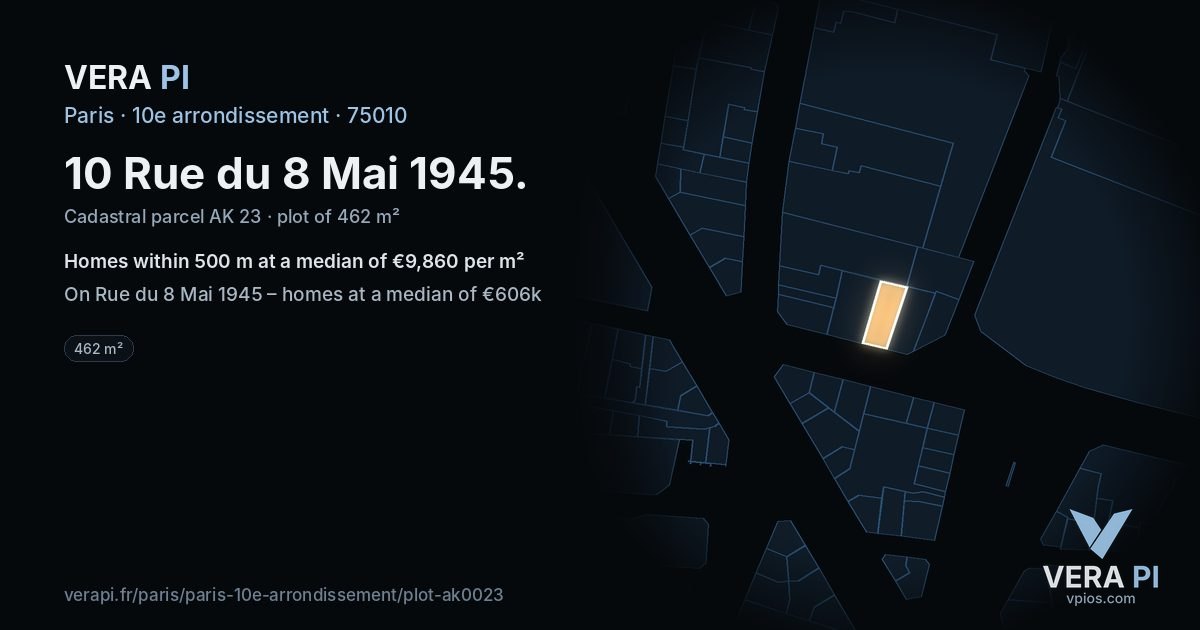 10 Rue du 8 Mai 1945, 10e arrondissement at night – the plot lit, the parcels around coloured by the prices near them