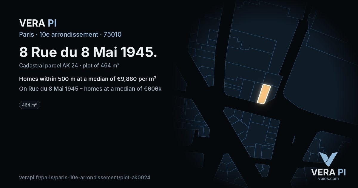 8 Rue du 8 Mai 1945, 10e arrondissement at night – the plot lit, the parcels around coloured by the prices near them