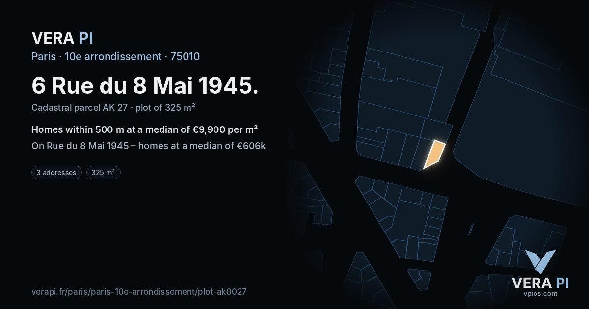 6 Rue du 8 Mai 1945, 10e arrondissement at night – the plot lit, the parcels around coloured by the prices near them