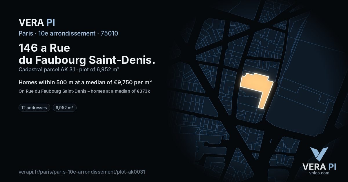 146 a Rue du Faubourg Saint-Denis, 10e arrondissement at night – the plot lit, the parcels around coloured by the prices near them