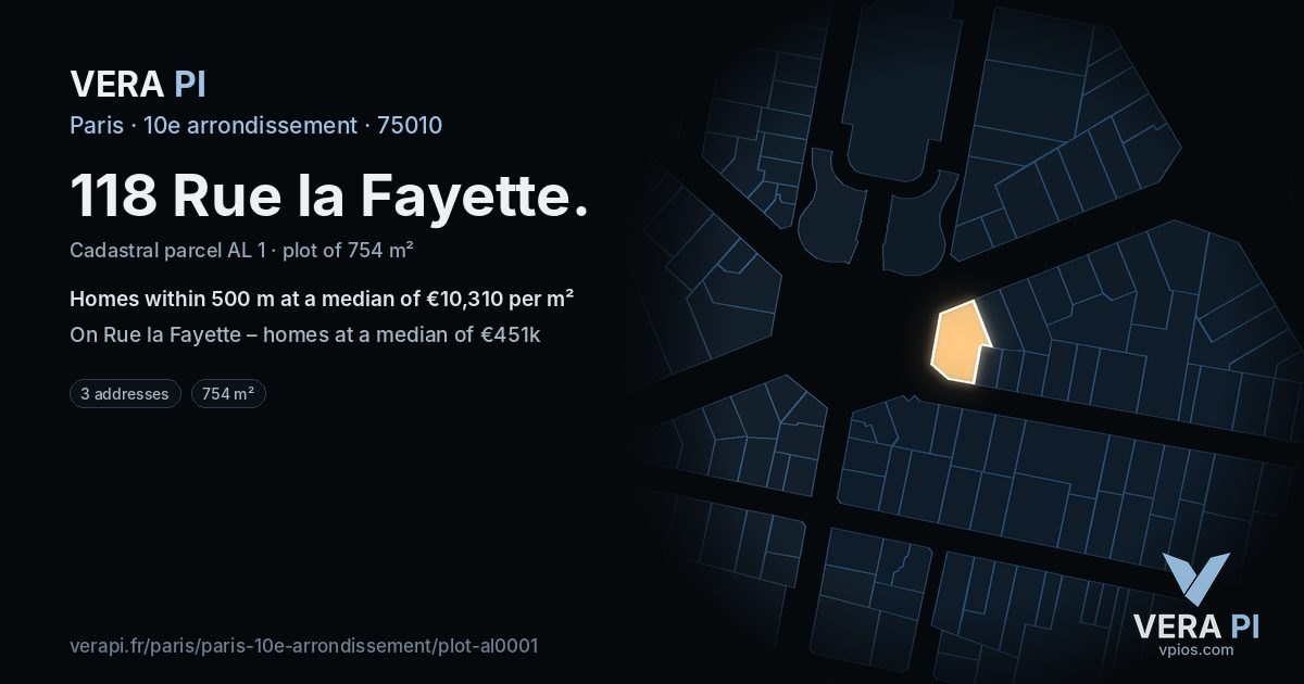 118 Rue la Fayette, 10e arrondissement at night – the plot lit, the parcels around coloured by the prices near them