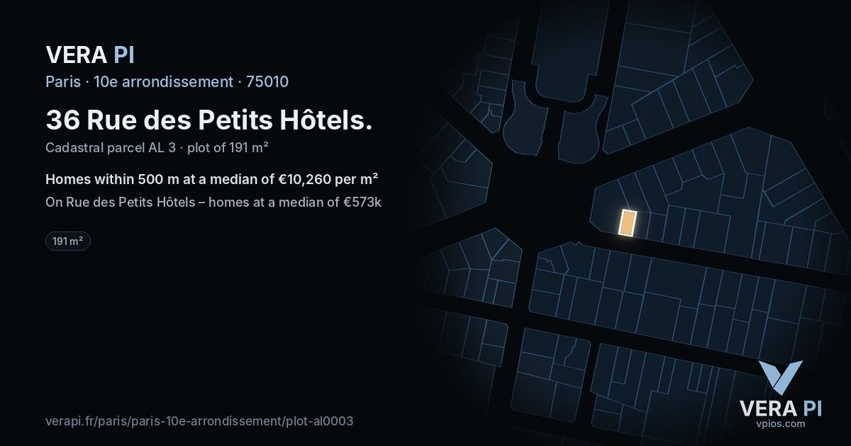 36 Rue des Petits Hôtels, 10e arrondissement at night – the plot lit, the parcels around coloured by the prices near them